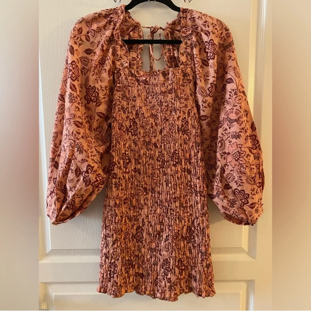 FREE PEOPLE Smock It To Me Mini Dress in Apricot Combo - S
